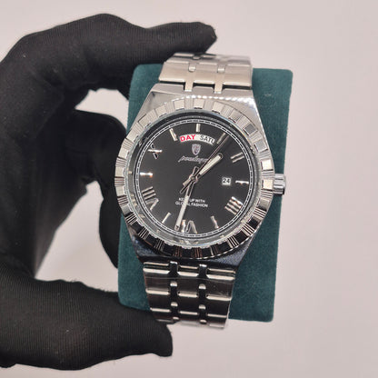 Reloj Poedagar Day-Date Plateado Dial Negro