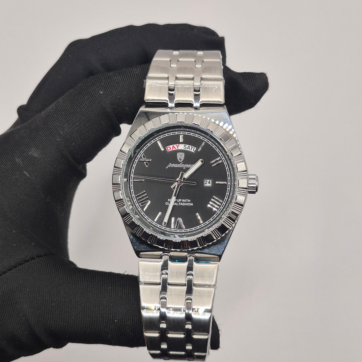 Reloj Poedagar Day-Date Plateado Dial Negro
