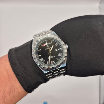 Reloj Poedagar Day-Date Plateado Dial Negro