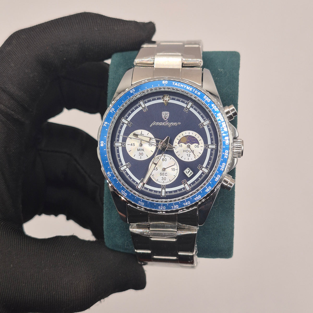 Reloj Poedagar Cronógrafo Sol y Luna Dial Azul Marino Pulso Metálico