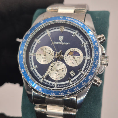 Reloj Poedagar Cronógrafo Sol y Luna Dial Azul Marino Pulso Metálico