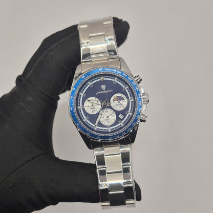 Reloj Poedagar Cronógrafo Sol y Luna Dial Azul Marino Pulso Metálico