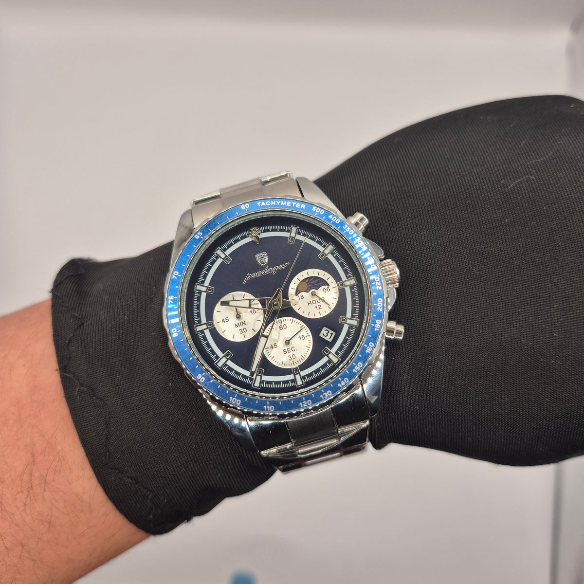 Reloj Poedagar Cronógrafo Sol y Luna Dial Azul Marino Pulso Metálico