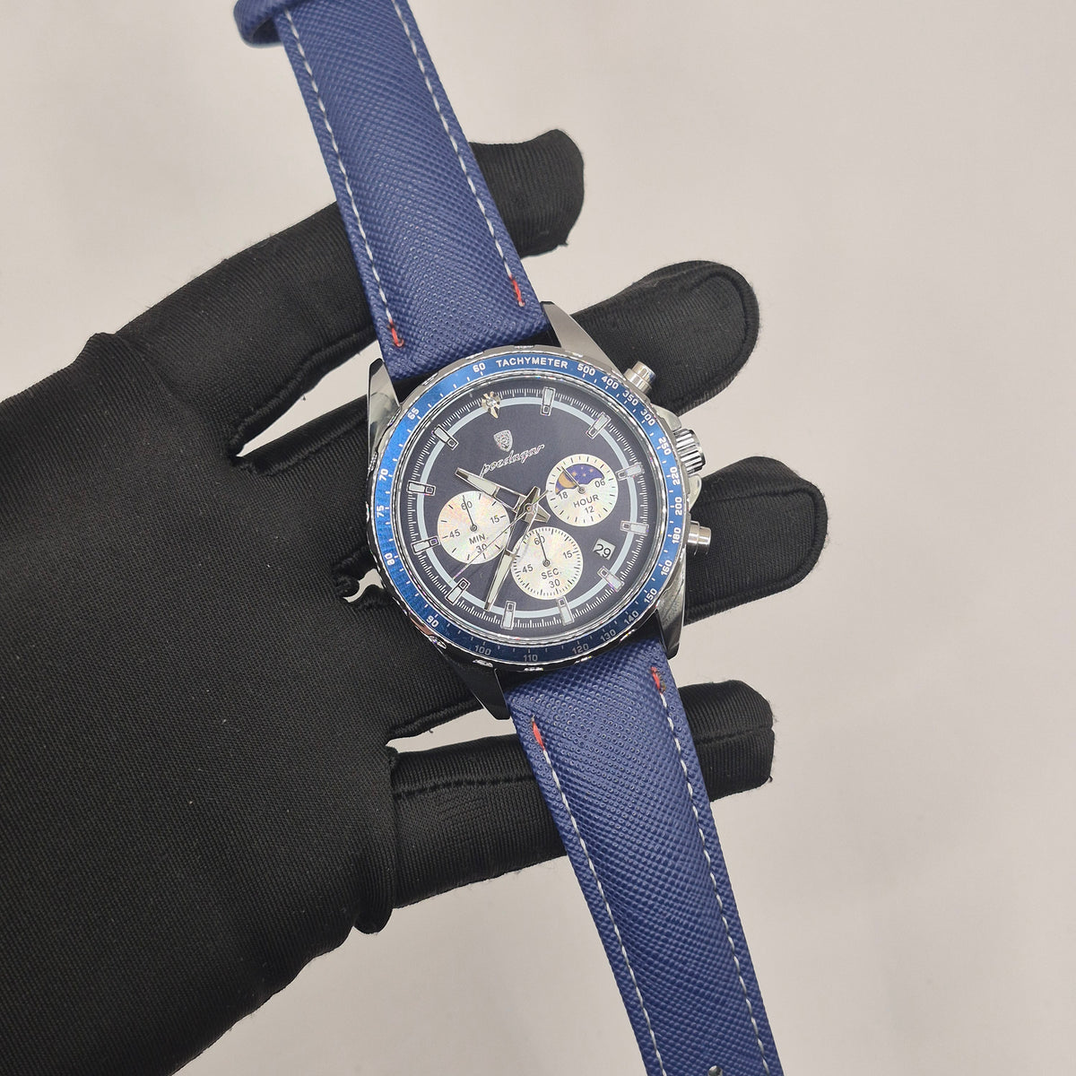Reloj Poedagar Cronógrafo Sol y Luna Dial Azul Marino Correa Nylon