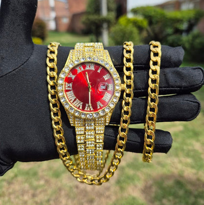 Reloj Dorado Rojo + Cadena + Pulsera Clasicas
