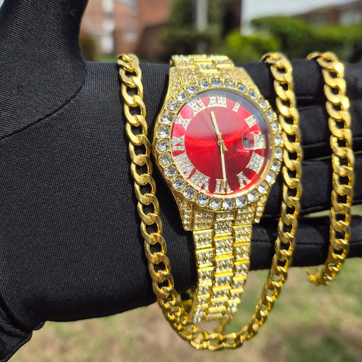 Reloj Dorado Rojo + Cadena + Pulsera Clasicas