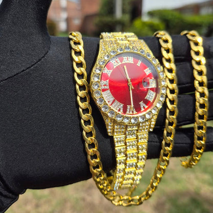Reloj Dorado Rojo + Cadena + Pulsera Clasicas