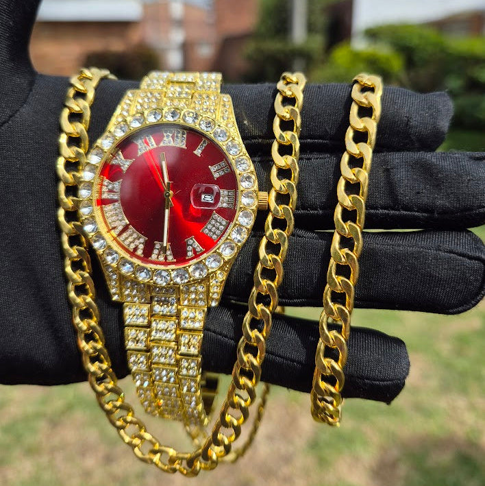Reloj Dorado Rojo + Cadena + Pulsera Clasicas