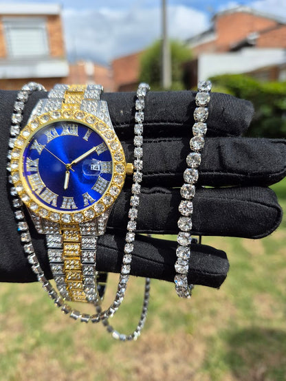 Reloj Imperial Azul + Cadena Tenis + Pulsera Tenis