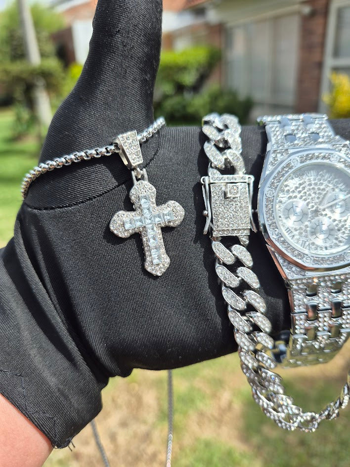 Reloj Hexagonal + Cadena Cubana 50cm + Dije Cubano Cruz