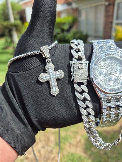 Reloj Hexagonal + Cadena Cubana 50cm + Dije Cubano Cruz