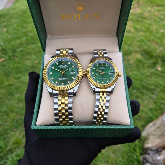Relojes Rolex Pareja Date Just Imperial Verde + Caja De Lujo GRATIS