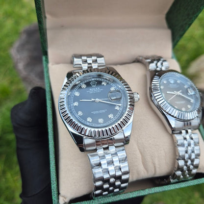 Relojes Rolex Pareja Date Just Plateados Negros + Caja De Lujo Gratis