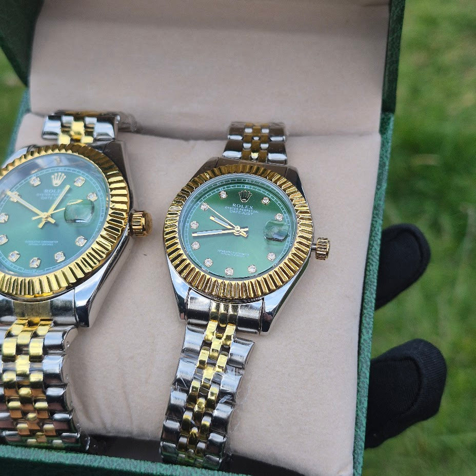 Relojes Rolex Pareja Date Just Imperial Verde + Caja De Lujo GRATIS