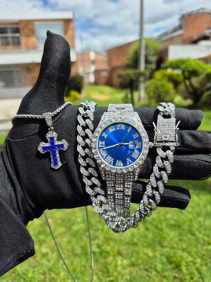 Reloj Plateado Azul+ Cadena Cubana + Dije Cruz