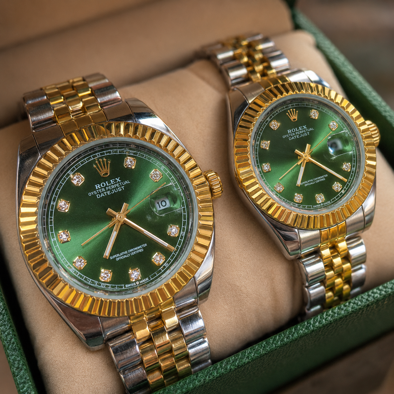 Relojes Rolex Pareja Date Just Cara Verde+ Caja De Lujo GRATIS