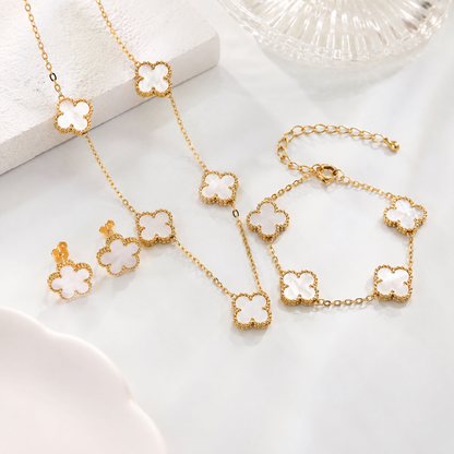 Set Cadena, Pulsera y Pendientes Trebol Blanco
