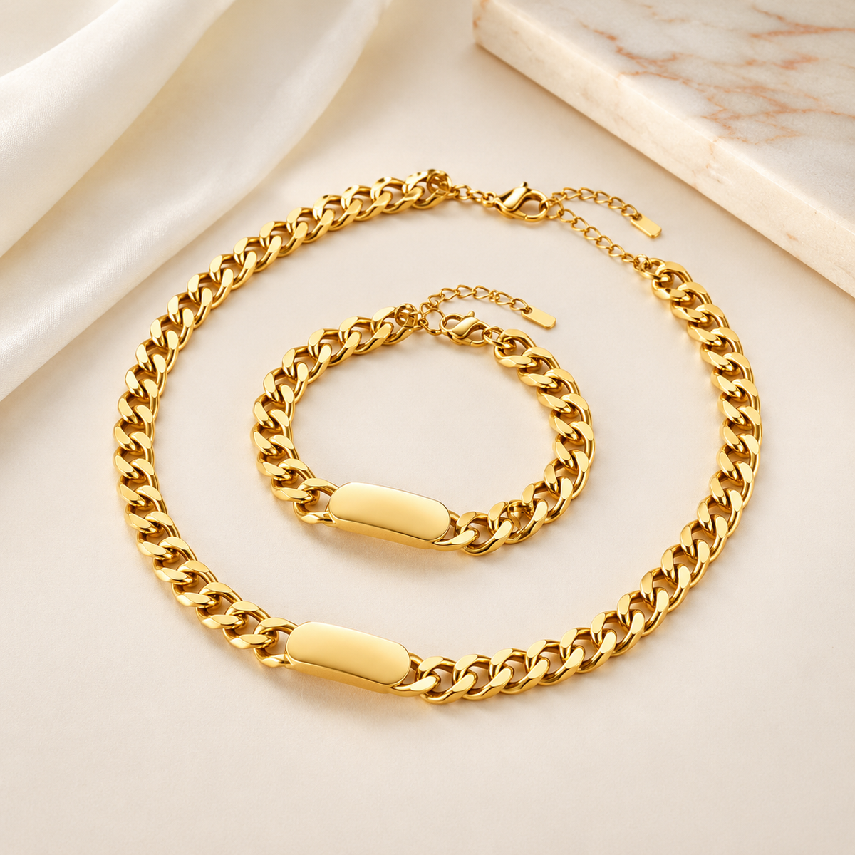 Set Cadena + Pulsera Cubanas Acero inoxidable Femenino