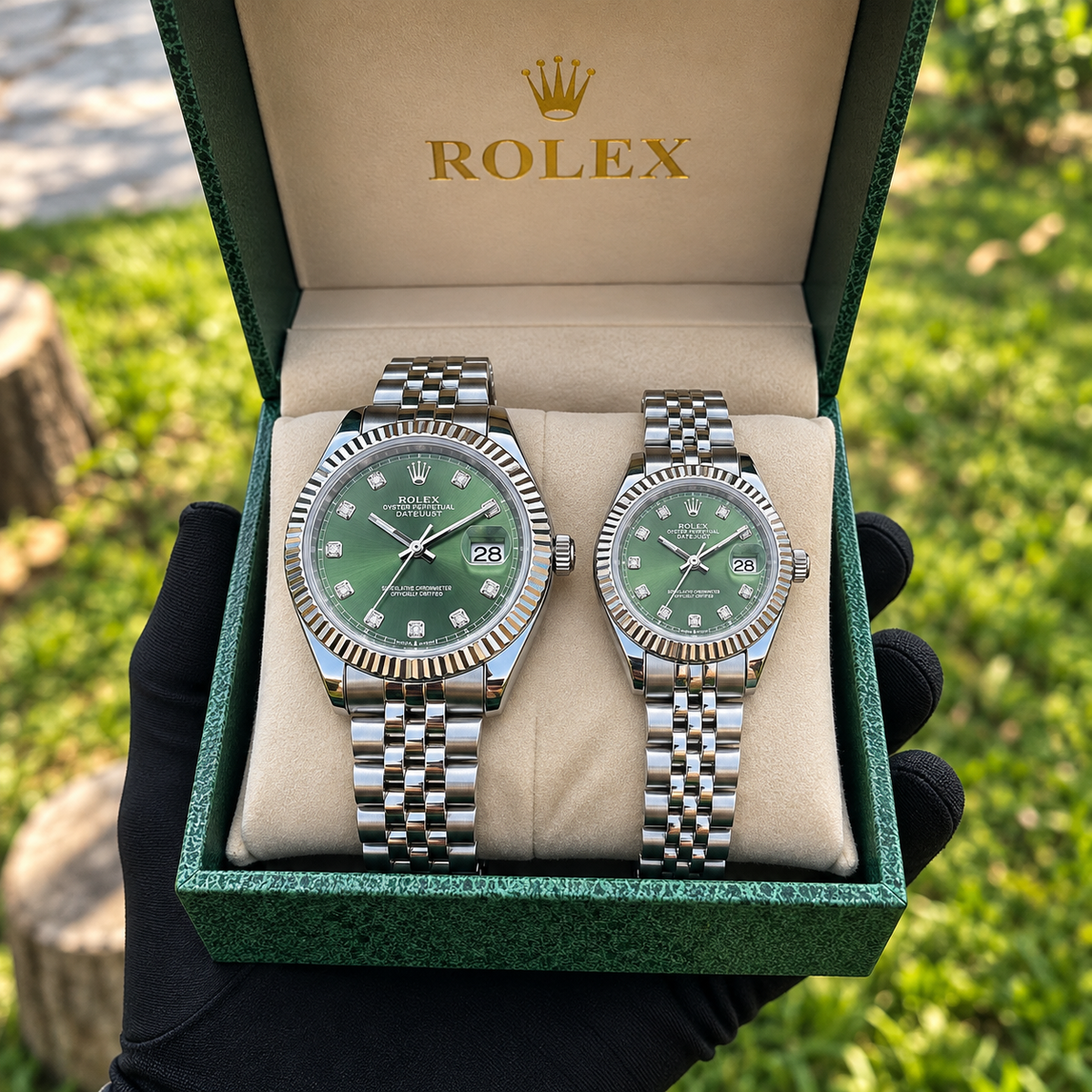 Relojes Rolex Pareja Date Just Plateado Verde + Caja De Lujo Gratis