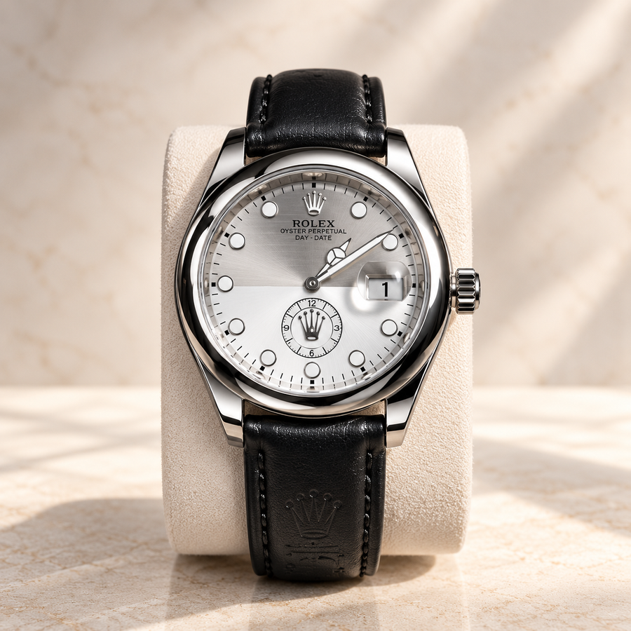 Rolex Oyster Perpetual Plateado Cuero Negro