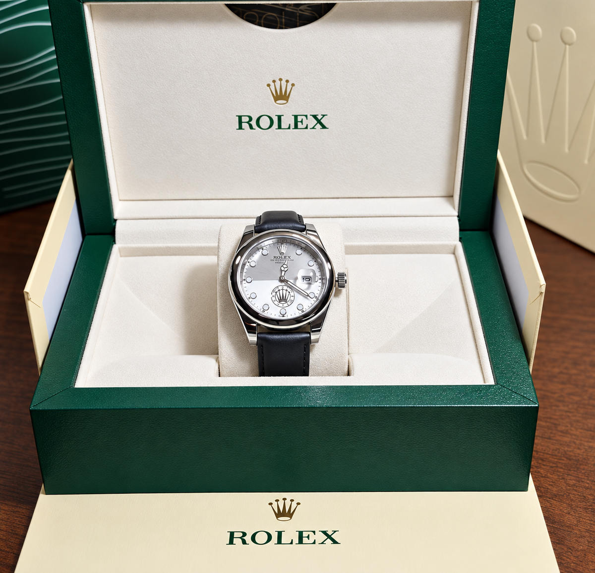 Rolex Oyster Perpetual Plateado Cuero Negro