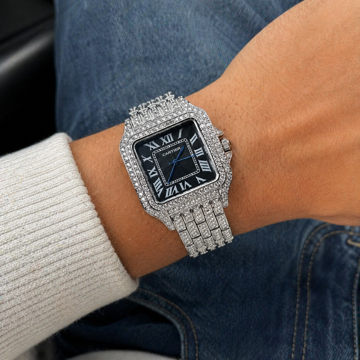 Cartier Santos Cubano Plateado Cara Negra