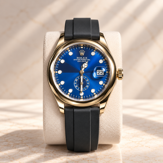 Rolex Oyster Perpetual Bisel Dorado Fondo Azul Mar