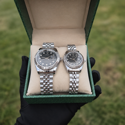 Relojes Rolex Pareja Date Just Plateados Negros + Caja De Lujo Gratis