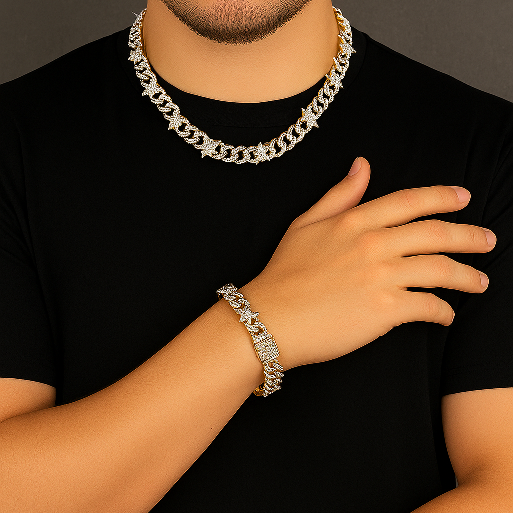 Set Cadena + Pulsera Estrellas Plateadas