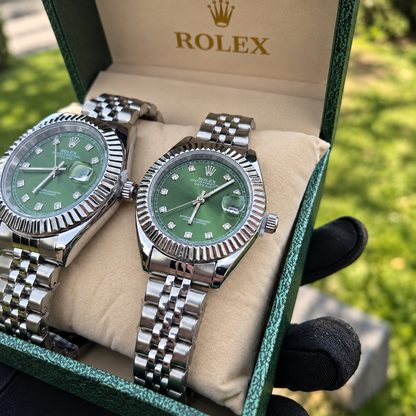 Relojes Rolex Pareja Date Just Plateado Verde + Caja De Lujo Gratis