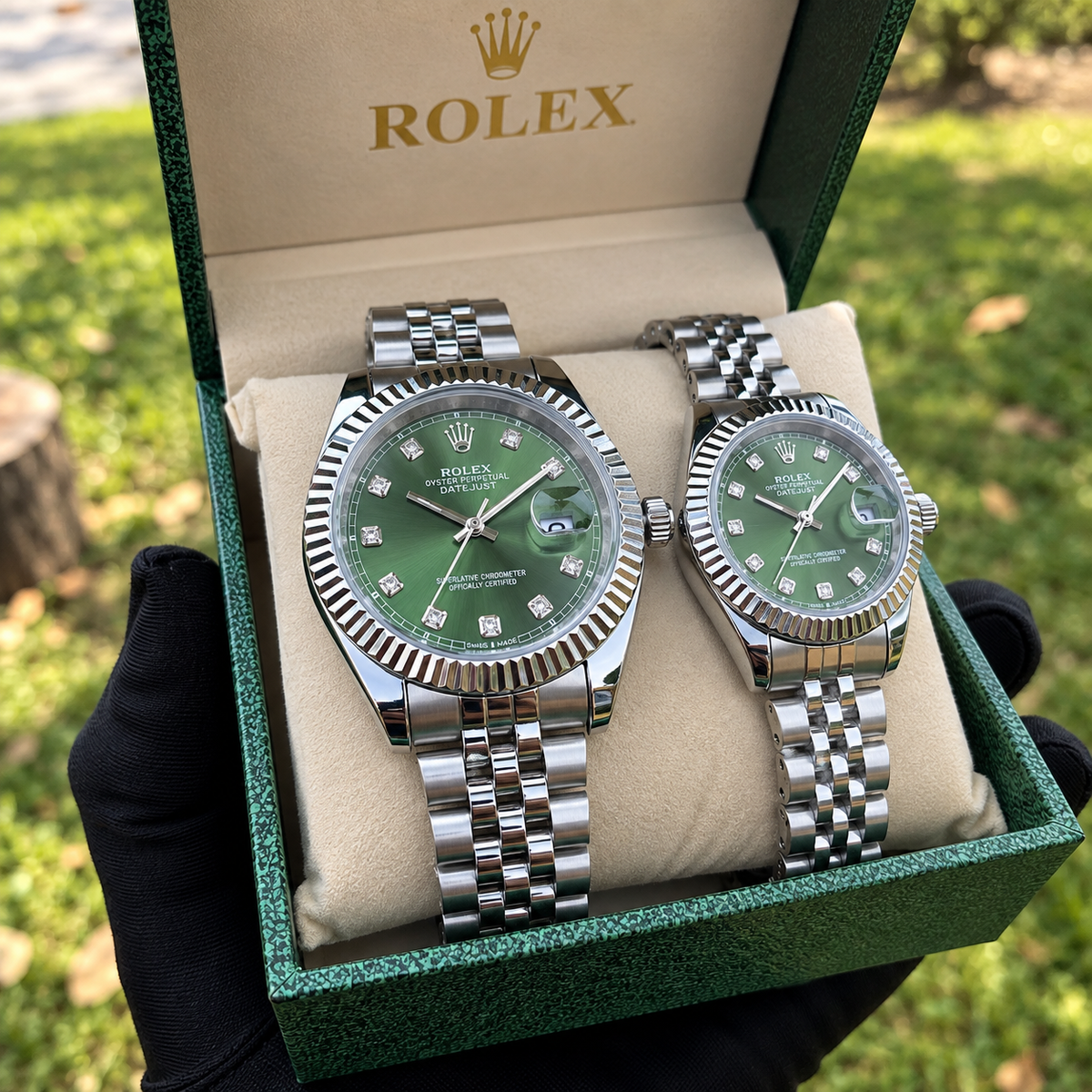 Relojes Rolex Pareja Date Just Plateado Verde + Caja De Lujo Gratis