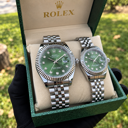 Relojes Rolex Pareja Date Just Plateado Verde + Caja De Lujo Gratis