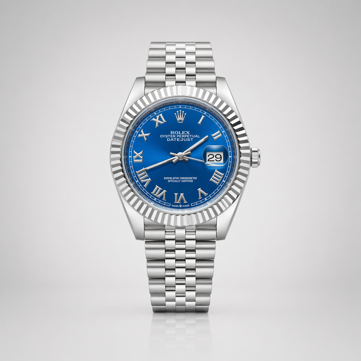 Rolex Semiautomatico Date Just Jubilee Plateado Azul Mar Romano