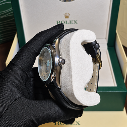 Rolex Oyster Perpetual Plateado Cuero Negro
