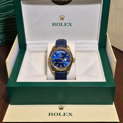 Rolex Day-Date Bisel Estriado Cuero Azul