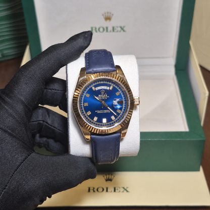 Rolex Day-Date Bisel Estriado Cuero Azul