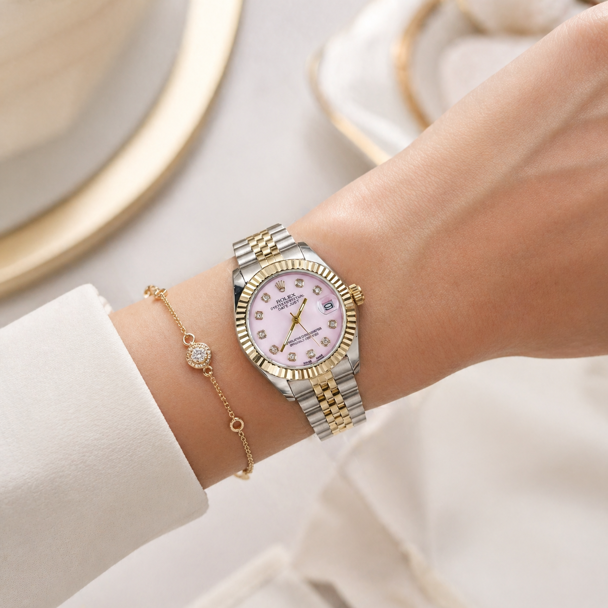 Rolex Femenino Date Just Bisel Estriado Imperial Rosado