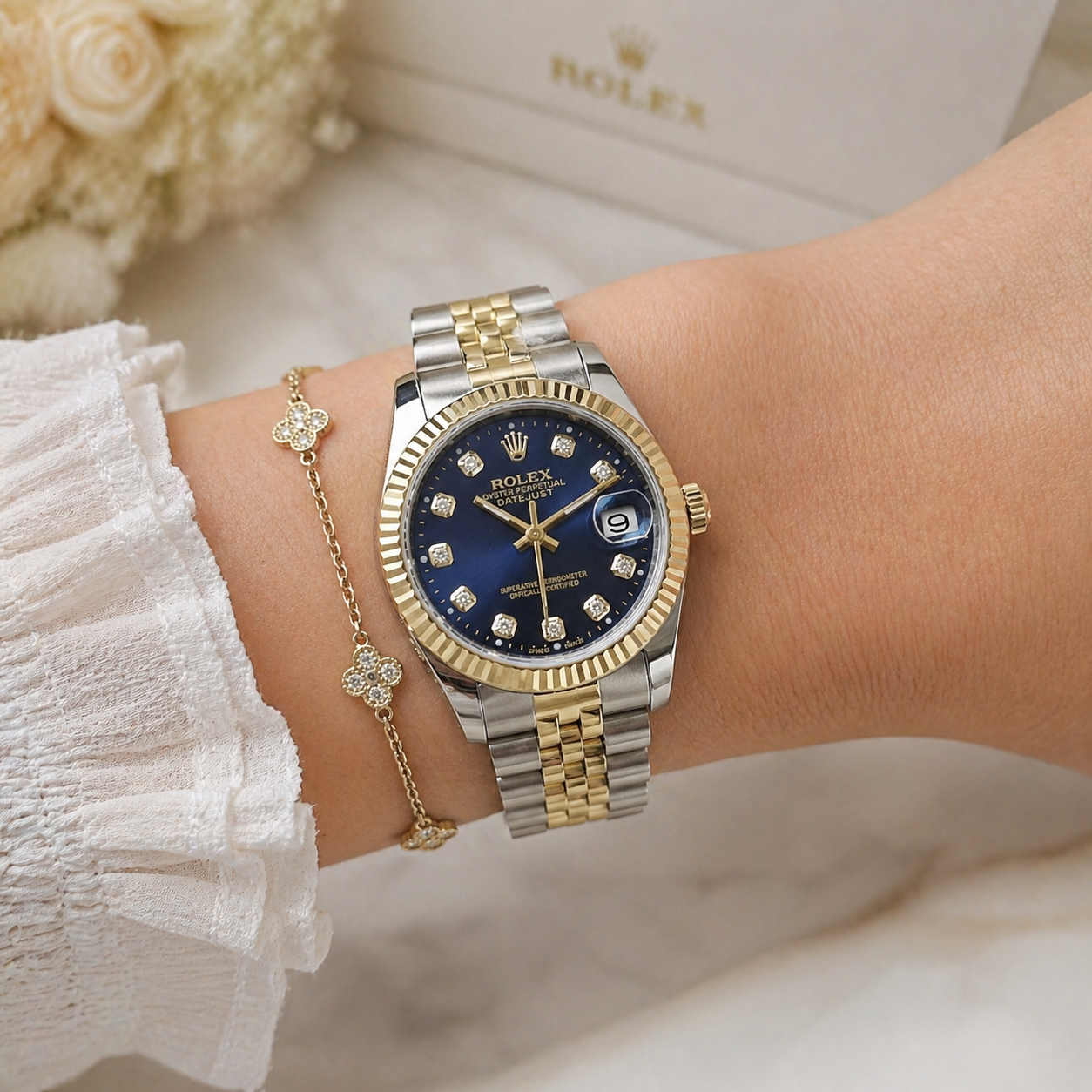 Rolex Femenino Date Just Bisel Estriado Imperial Azul Mar
