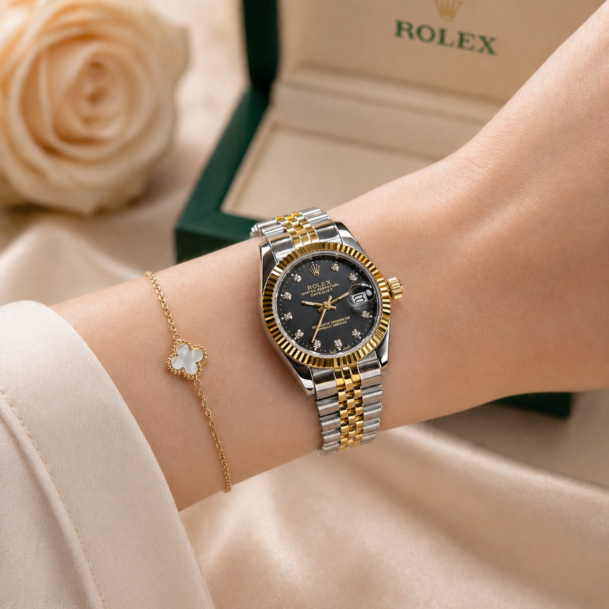 Rolex Femenino Date Just Bisel Estriado Imperial Negro