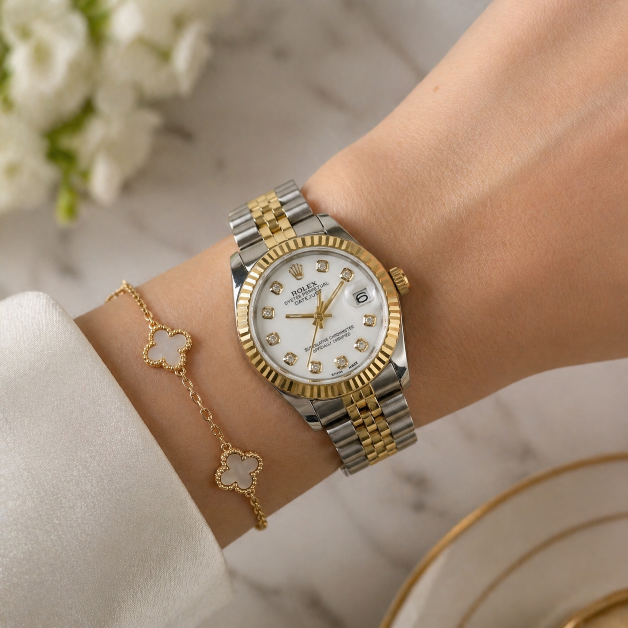 Rolex Femenino Date Just Bisel Estriado Imperial Blanco