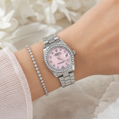 Rolex Femenino Date Just Bisel Perlas Plateado Rosado