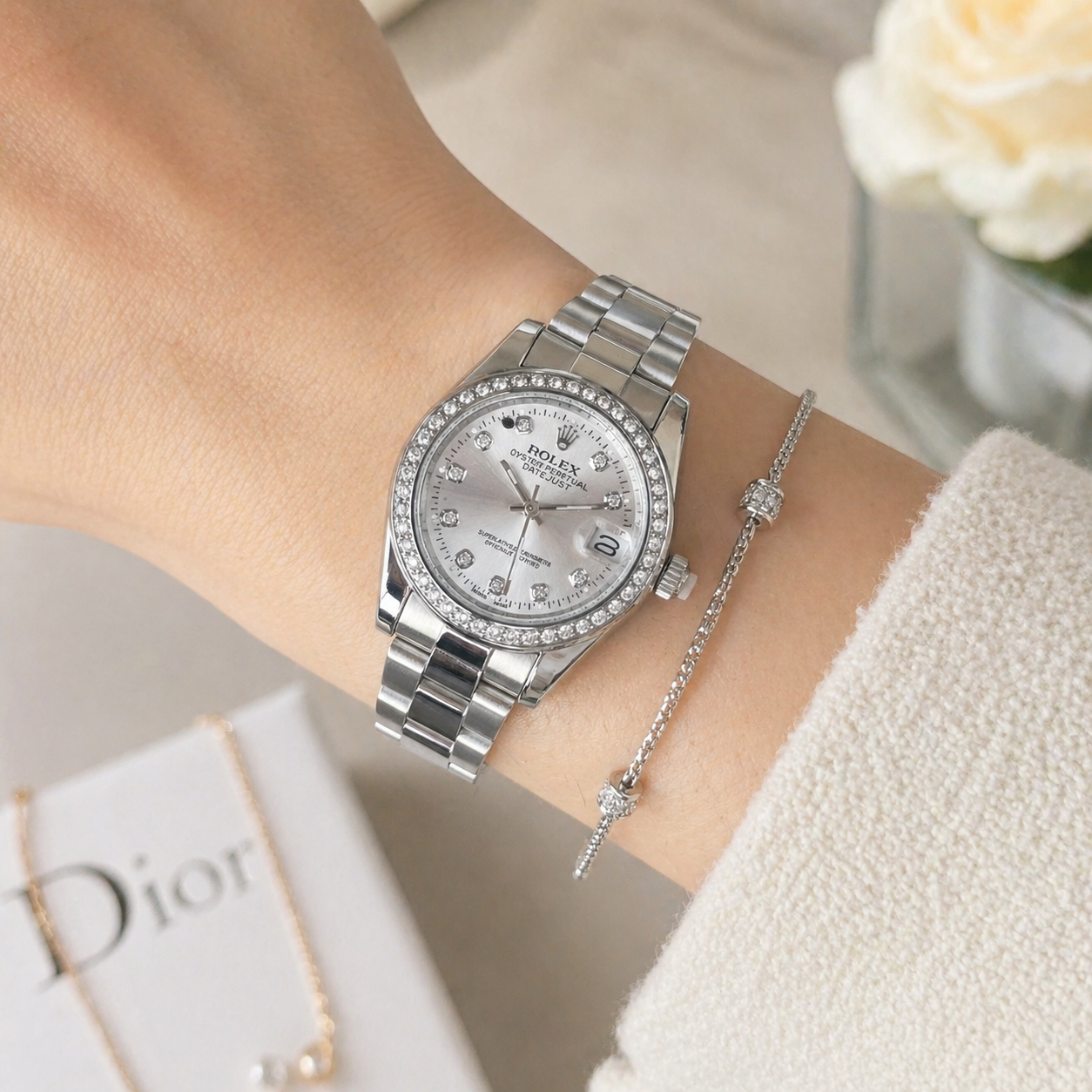 Rolex Femenino Date Just Bisel Perlas Plateado