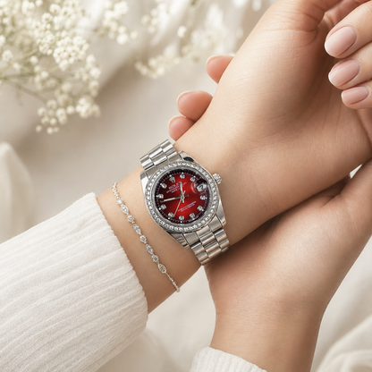 Rolex Femenino Date Just Bisel Perlas Plateado Rojo