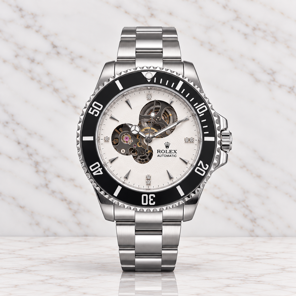 Rolex Submariner Automático Corazón Abierto Plateado  Dial Blanco