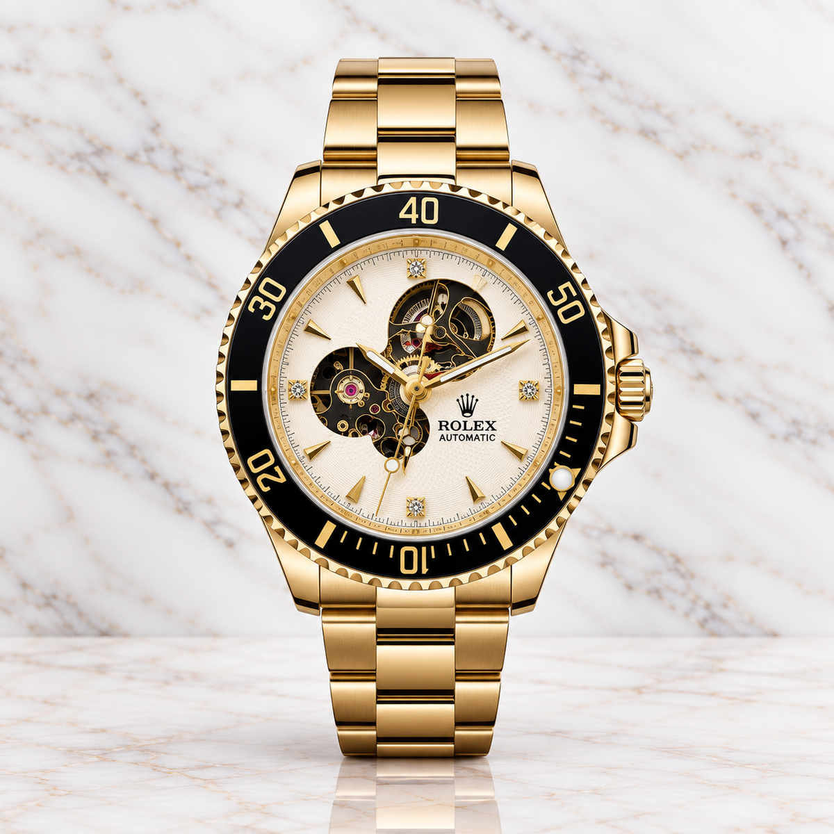 Rolex Submariner Automático Corazón Abierto Full Gold Dial Blanco