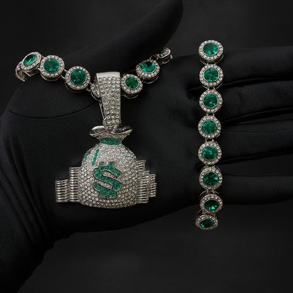 Cadena Perlas Verdes + Dije Bolsa Dinero Premium