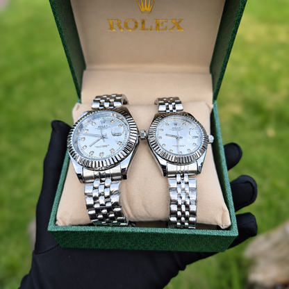 Relojes Rolex Pareja Date Just Plateados Blancos + Caja De Lujo Gratis