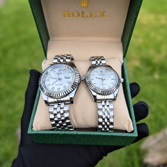 Relojes Rolex Pareja Date Just Plateados Blancos + Caja De Lujo Gratis