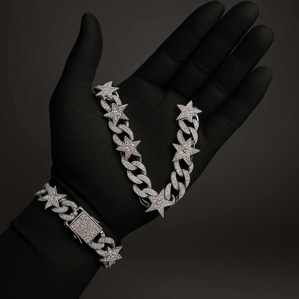 Set Cadena + Pulsera Estrellas Plateadas