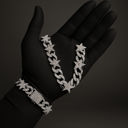 Set Cadena + Pulsera Estrellas Plateadas